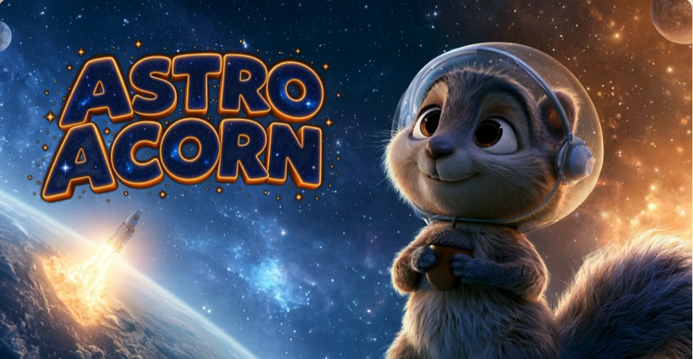Astro Acorn: a small astronaut squirrel in a vast galaxy